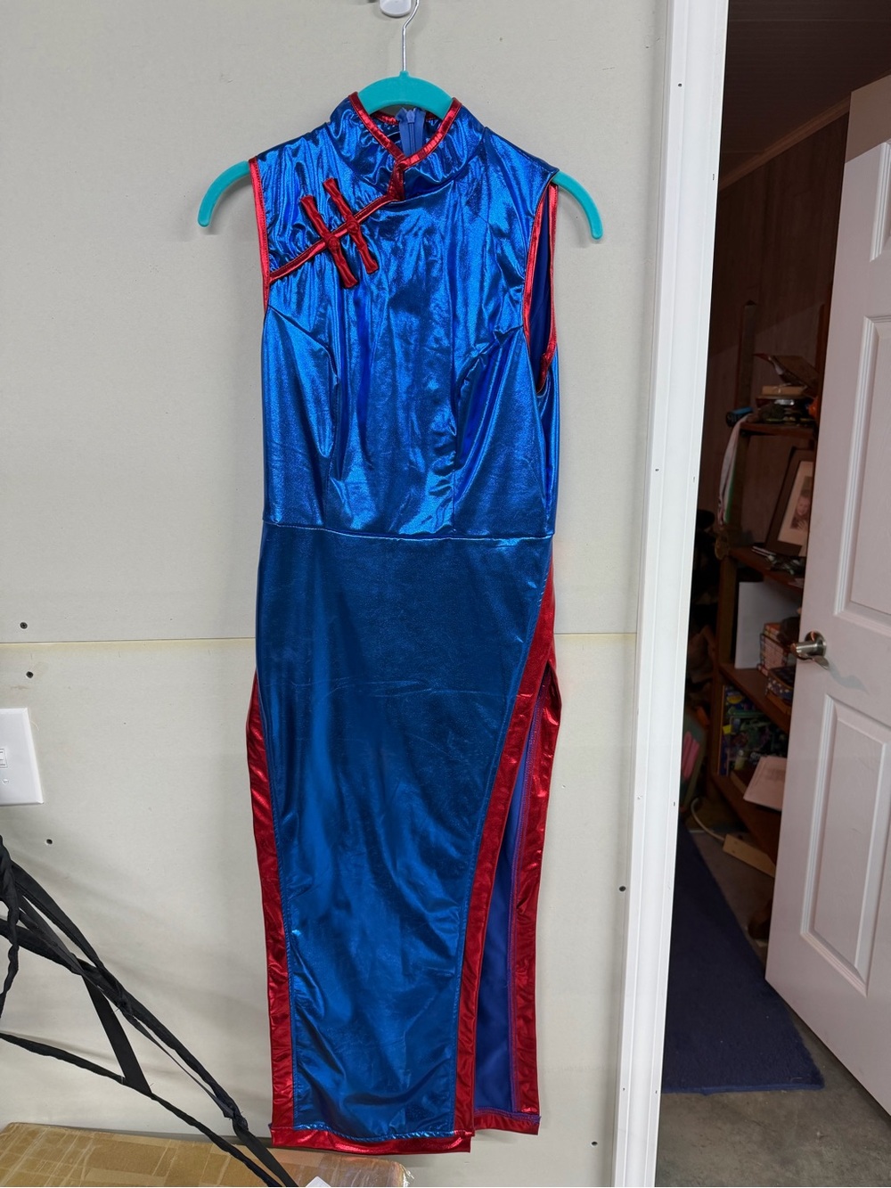 Blue and Red Satin Cheongsam-Style Dress